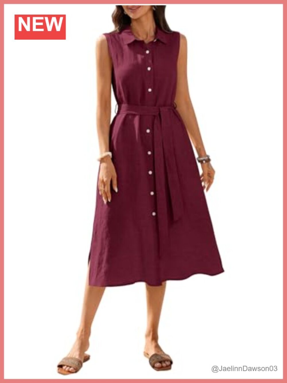 100% Linen Midi Dress Button Down Shirt Dress with Pockets Sleeveless Belted